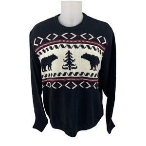 CHAPS RL Fair Isle Black Bear Sweater Mens XL 100% Cotton Knit Crewneck Pullover